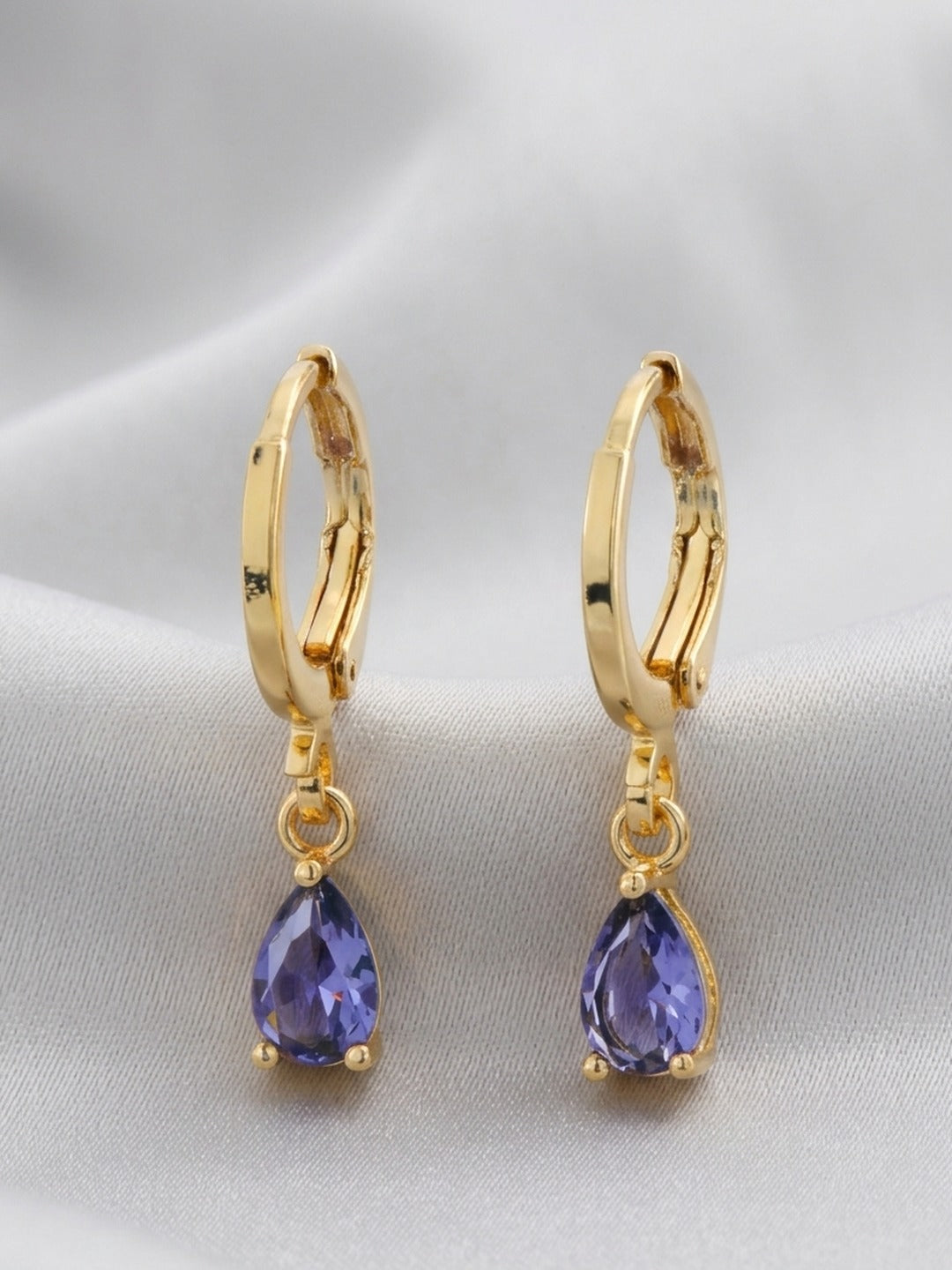 18K Gold Plated Purple CZ Teardrop Drop Huggie Earrings