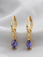 18K Gold Plated Purple CZ Teardrop Drop Huggie Earrings