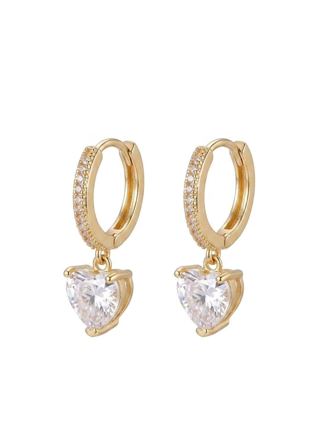 18K Gold Plated Large CZ Heart Charm Huggie Earrings