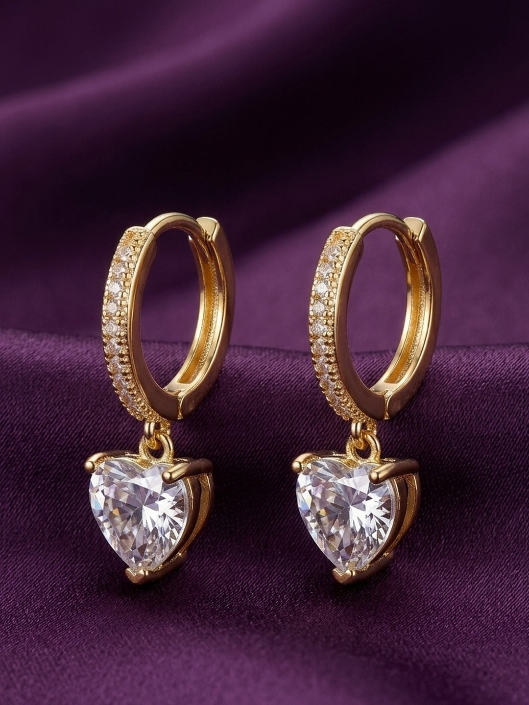 18K Gold Plated Large CZ Heart Charm Huggie Earrings