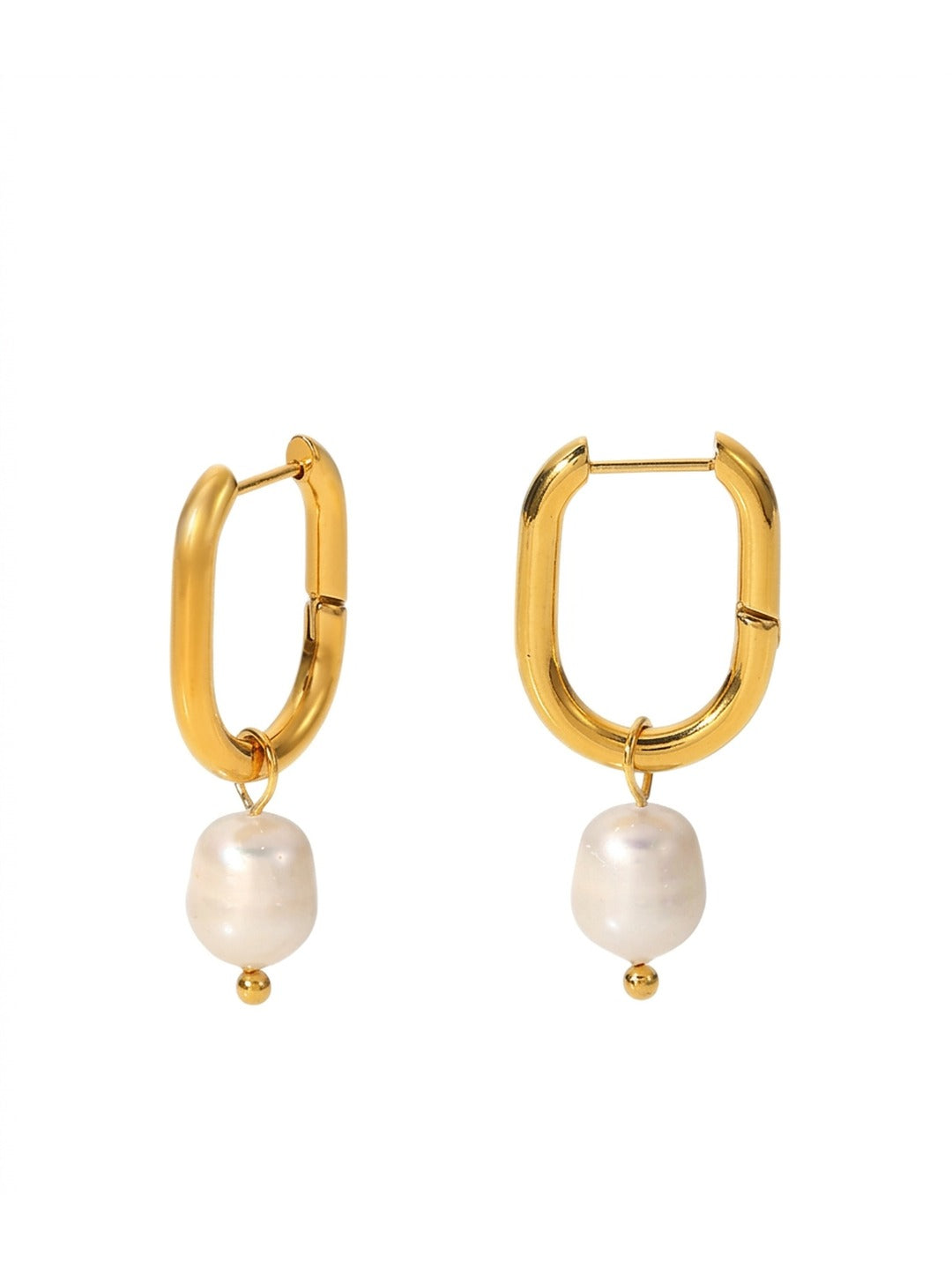 18K Gold Plated Oval Hoop Baroque Pearl Drop Earrings