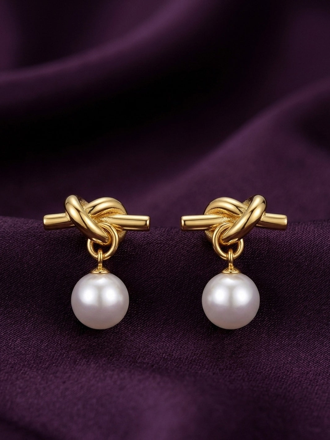 18K Gold Plated Knot Stud Pearl Drop Earrings
