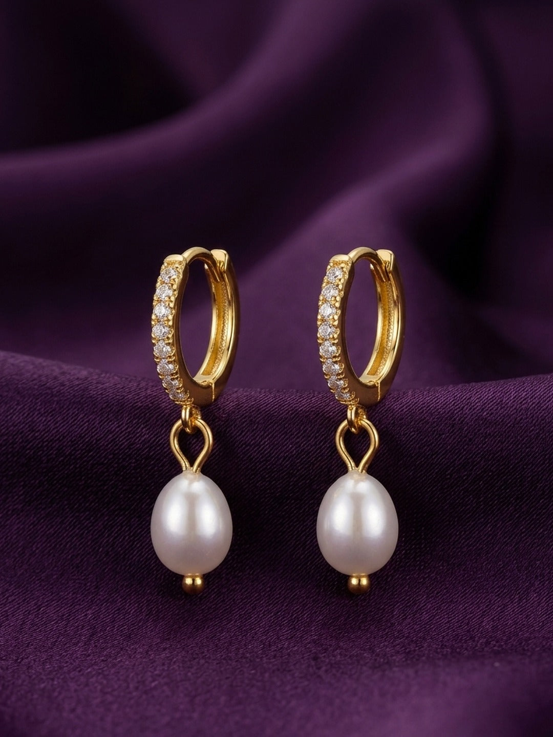 18K Gold Plated CZ Pave Huggie Pearl Drop Earrings