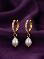 18K Gold Plated CZ Pave Huggie Pearl Drop Earrings