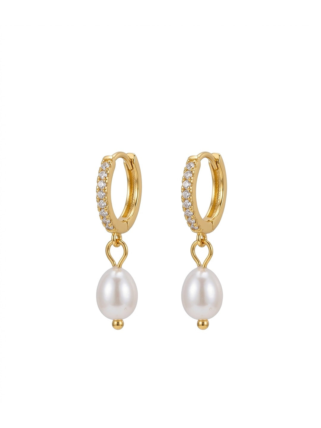18K Gold Plated CZ Pave Huggie Pearl Drop Earrings