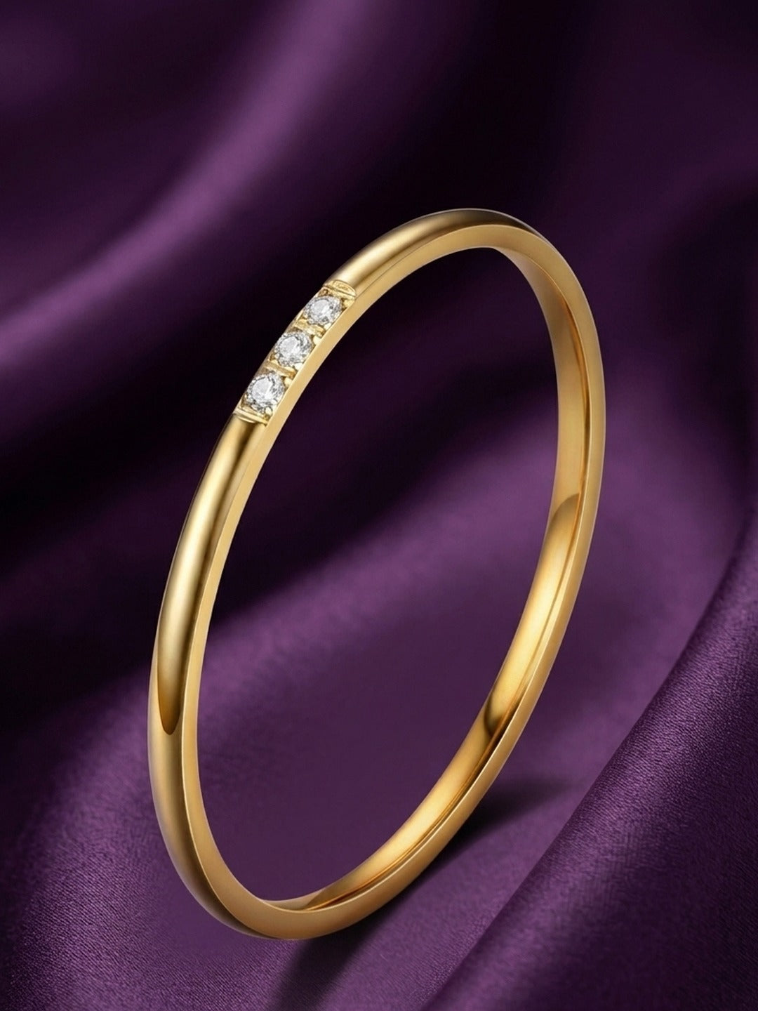 18K Gold Plated Thin CZ Three Stone Band Ring - Size 6