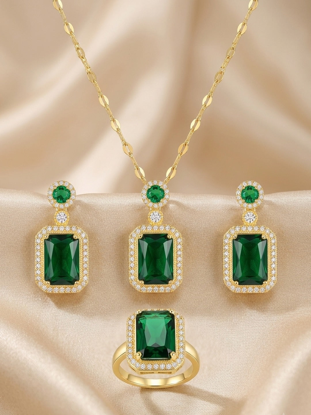18K Gold Plated Emerald Halo Pendant Ring Set