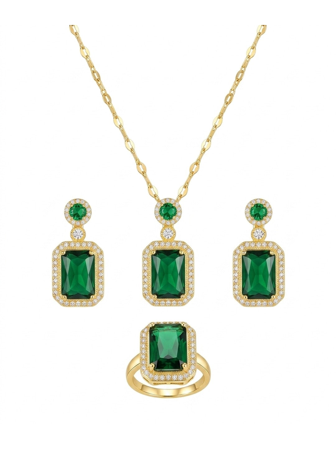 18K Gold Plated Emerald Halo Pendant Ring Set
