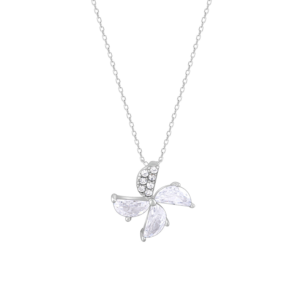 Silver Blossom Zircon Pendant with Link Chain