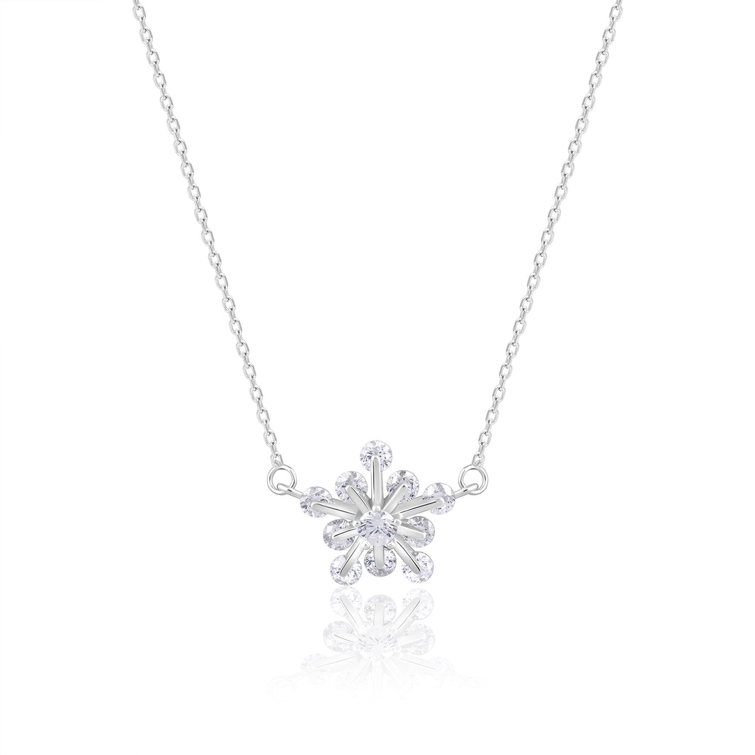 Silver Snowflake Floral Pendant with Link Chain