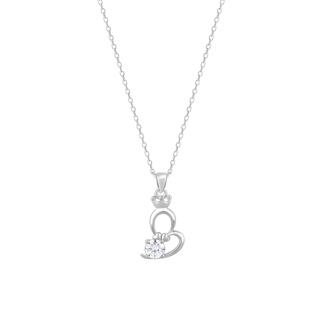 Silver Solitaire Heart Crown Pendant with Link Chain