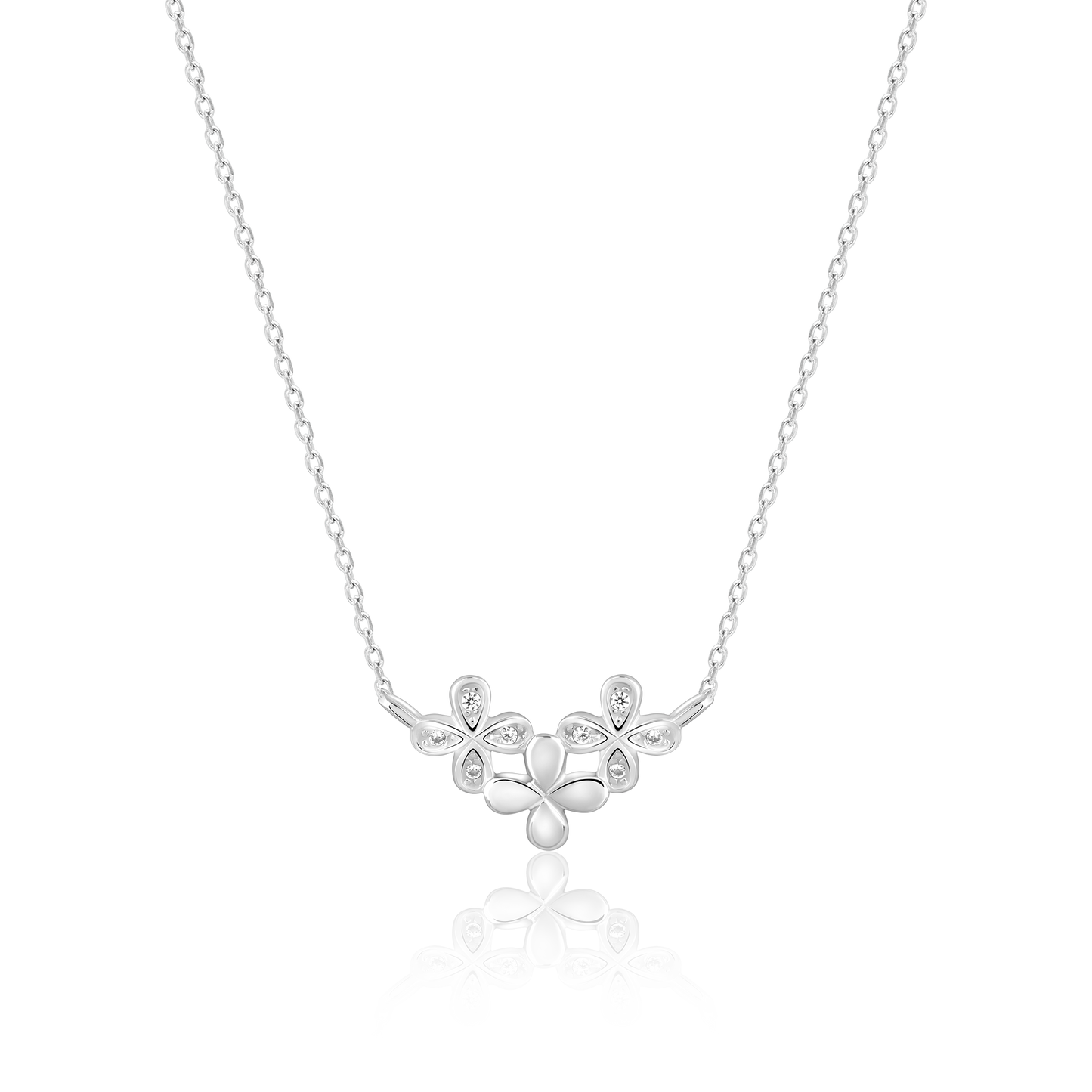 Triple Flower Silver  Zircon Pendant with Link Chain