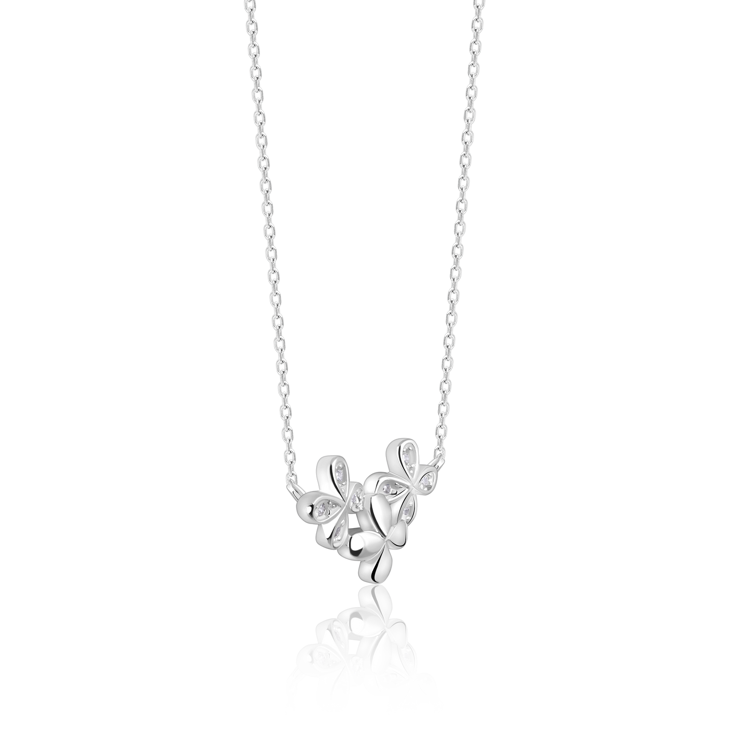 Triple Flower Silver  Zircon Pendant with Link Chain