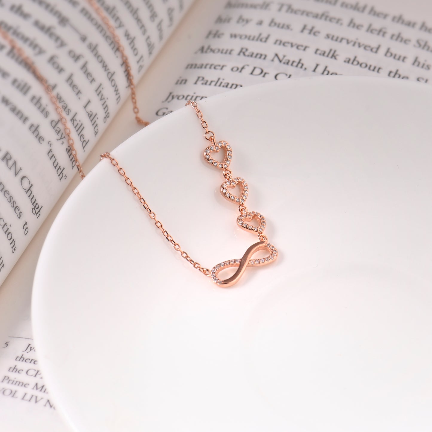 Infinity Love Trifold Hearts Zircon Rose Gold Pendant with Link Chain