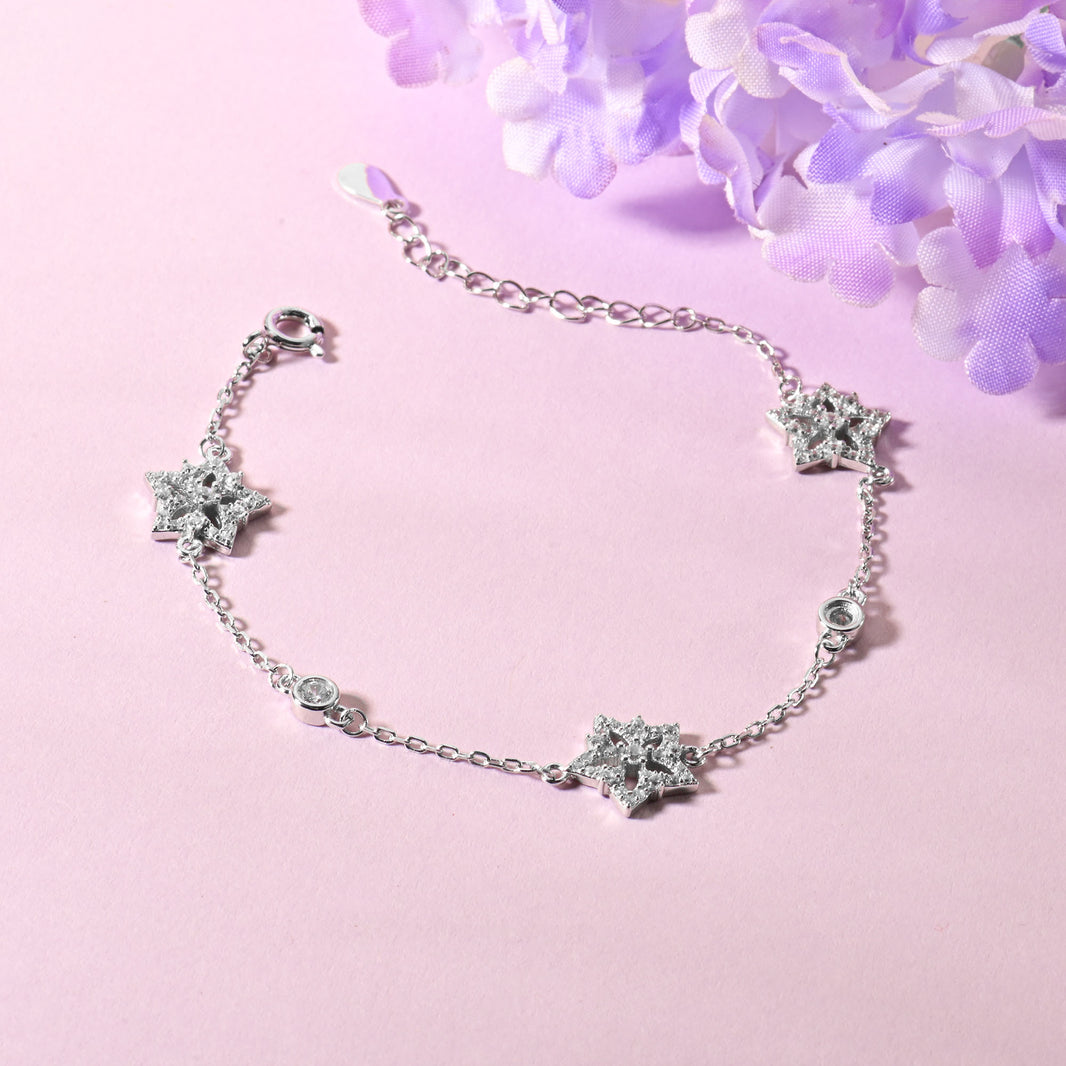 Triple Star Silver Floral Zircon Bracelet