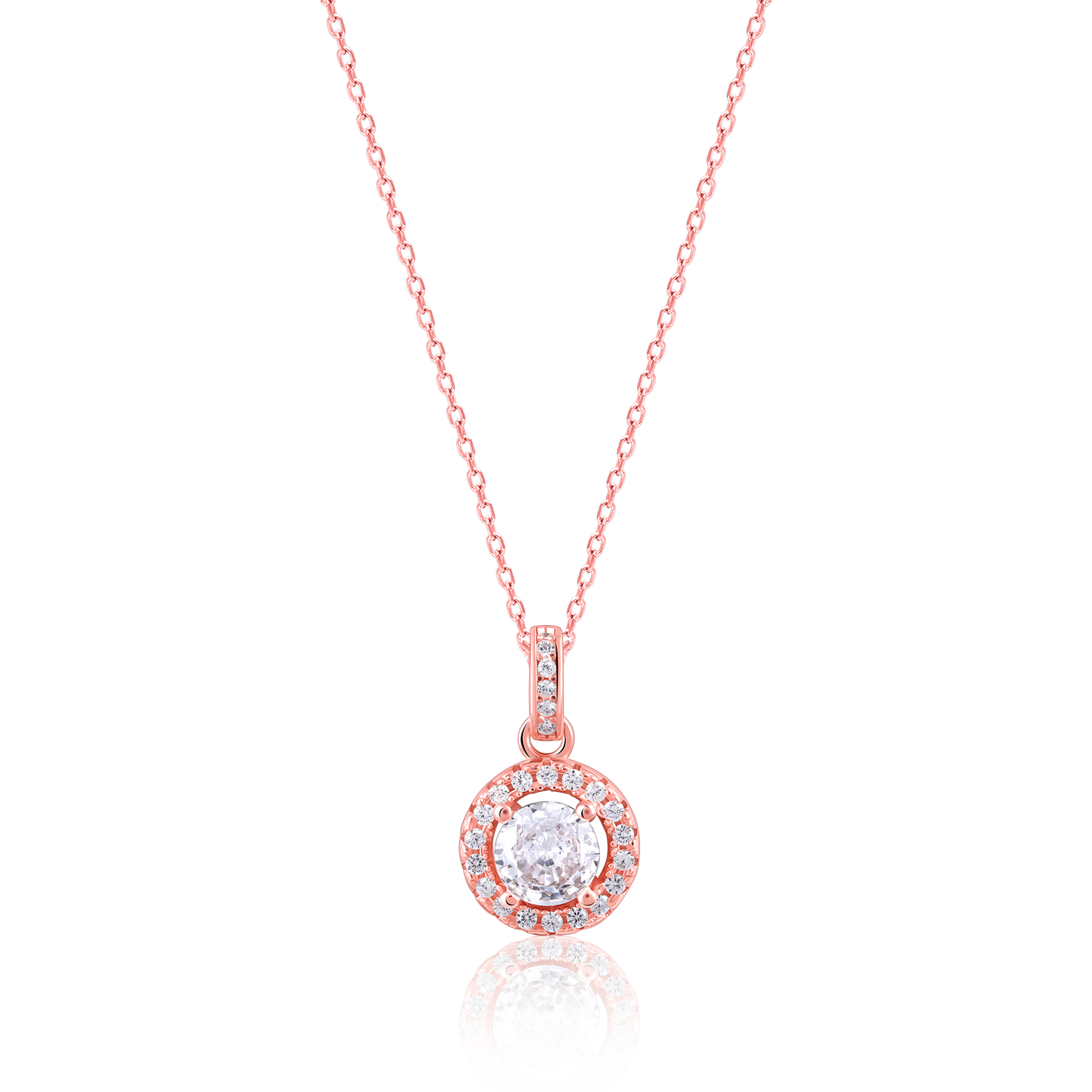 Ornate Solitaire Zircon Rose Gold Pendant with Link Chain