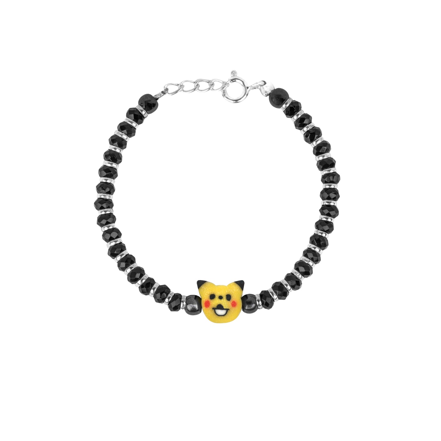 Kitty Smile Black Beaded Silver Kids Bracelets