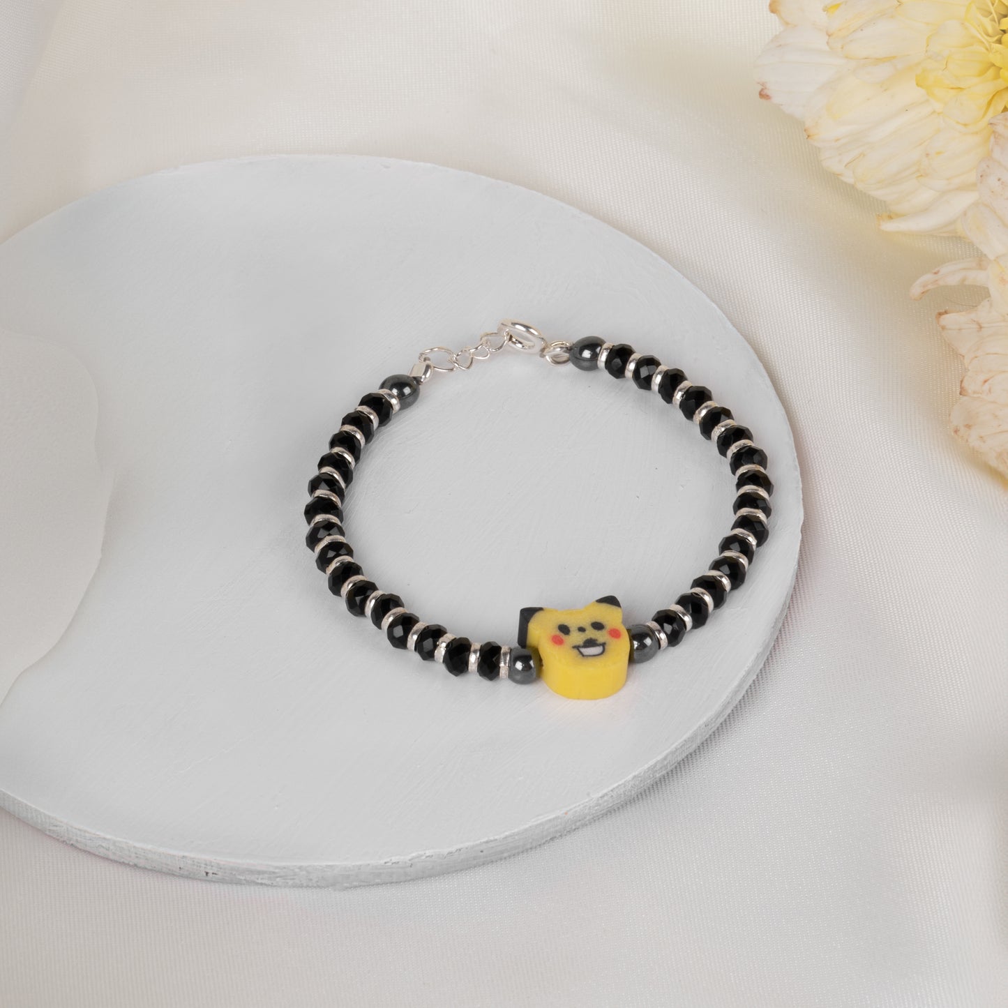 Kitty Smile Black Beaded Silver Kids Bracelets