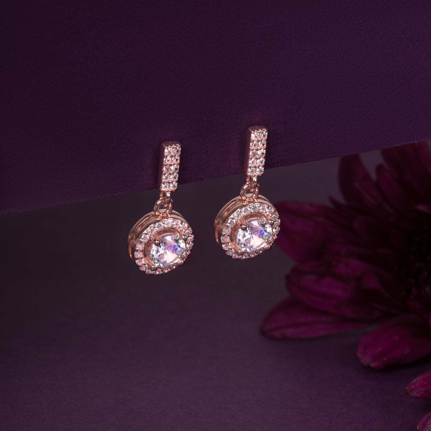 Solitiare Zircon Rose Gold Hanging Ornate Drop earrings