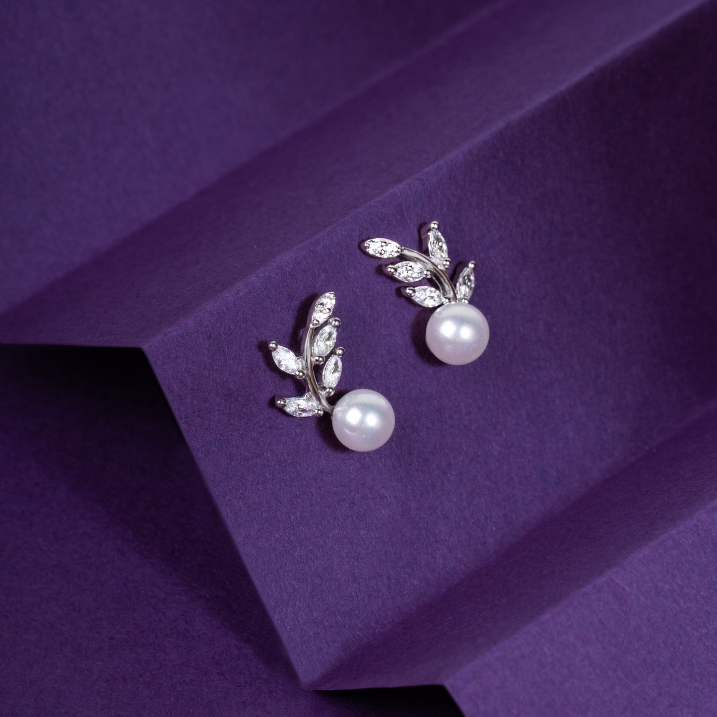 Silver Leaf Pearl Studs